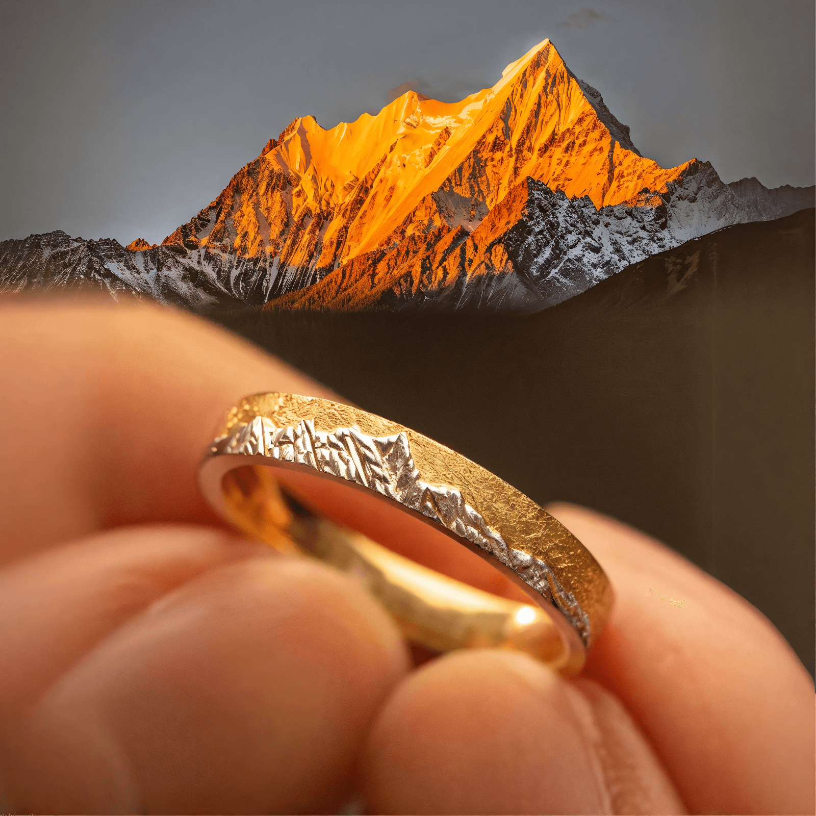【Mont Blanc】Gold Hand-Engraved Mount Wedding Ring