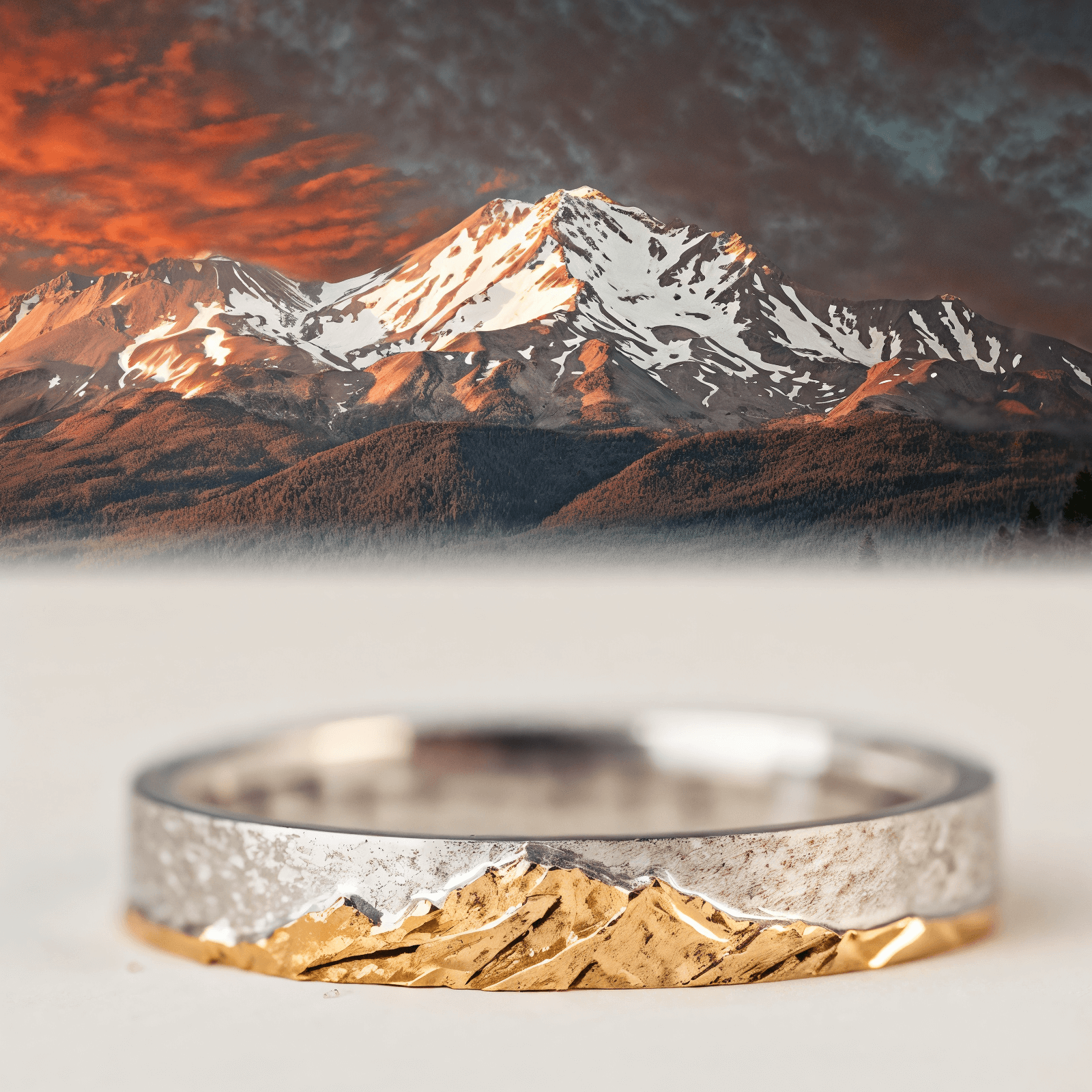 【Mt. Shasta】Hand-Engraved Mount Mens/Womens Wedding Ring