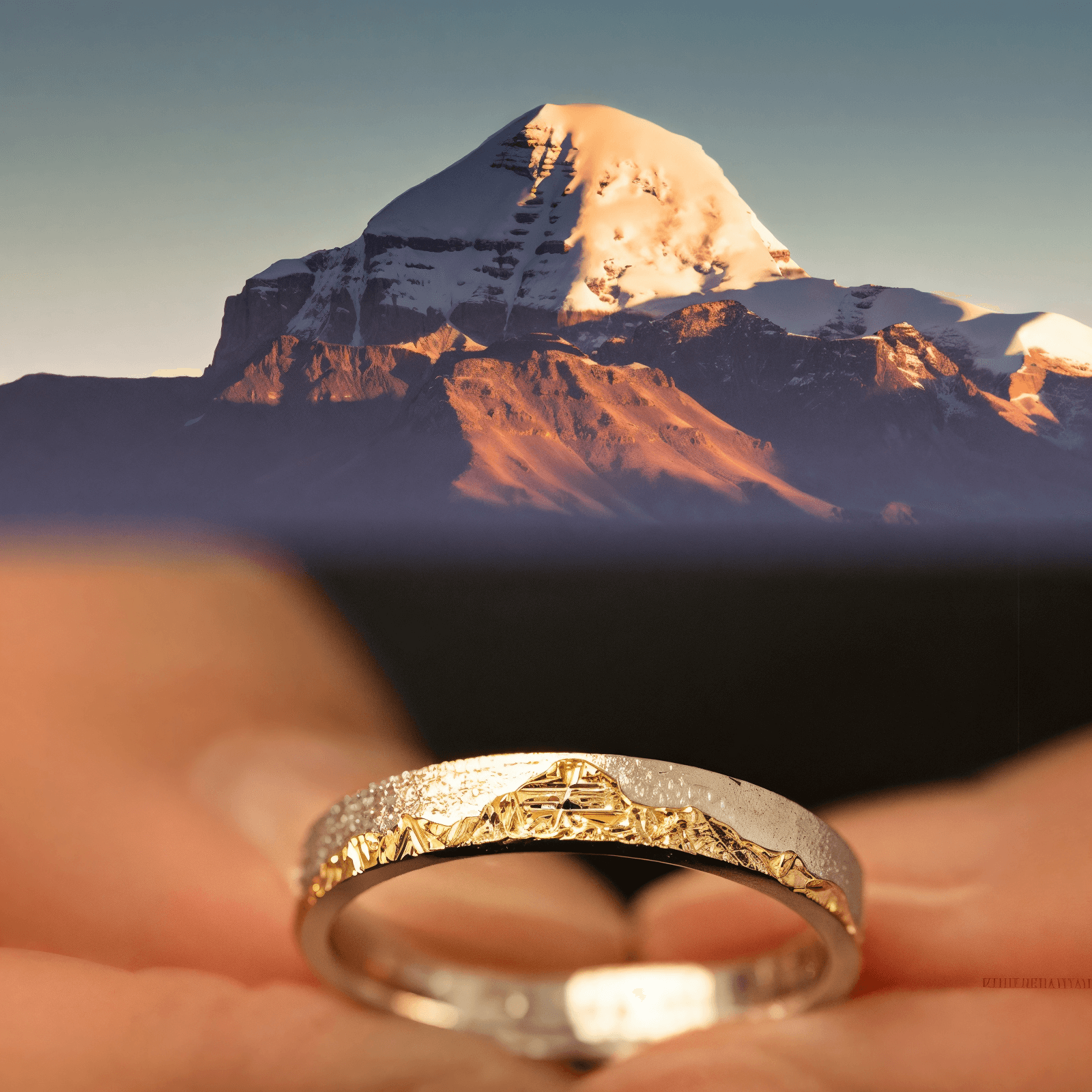 【Mt. Kailash】 Gold Plated Titanium Hand-Engraved  Mens/Womens Mount Wedding Ring