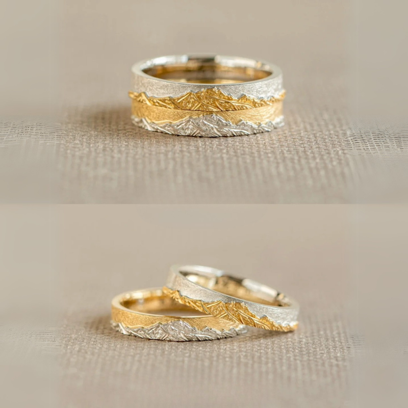 【Mt. Rainier】 Gold Hand-Engraved Mount Wedding Ring
