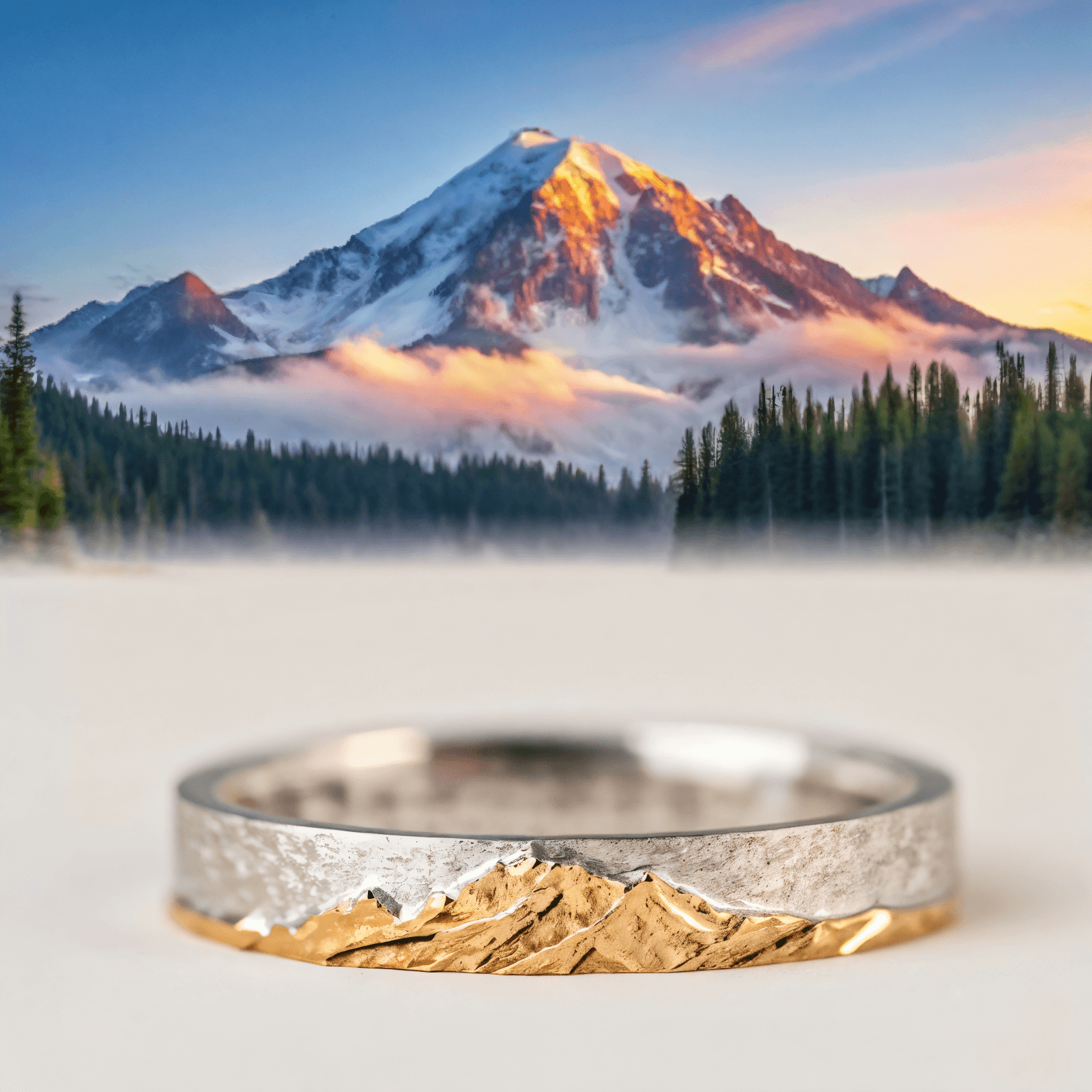 【Mt. Rainier】Hand-Engraved Mount Mens/Womens Wedding Ring