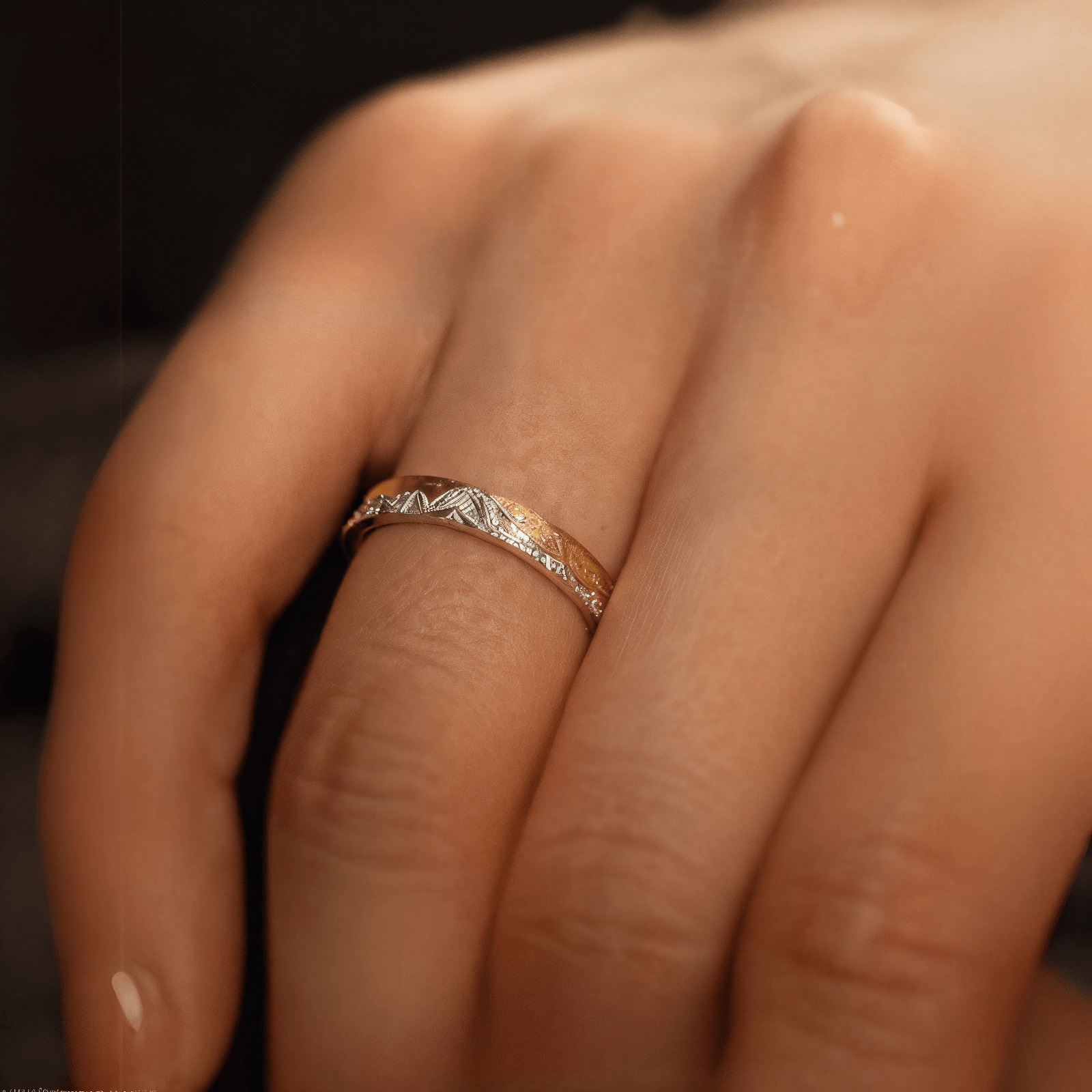 【Mt. Shasta】Gold Hand-Engraved Mount  Mens/Womens Wedding Ring