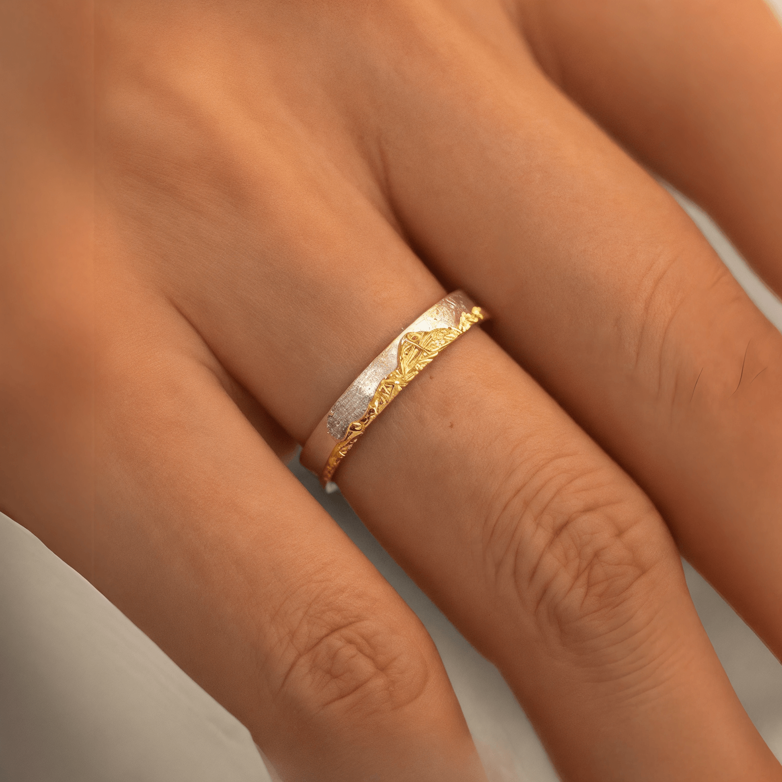 【Mt. Kailash】 Gold Plated Titanium Hand-Engraved  Mens/Womens Mount Wedding Ring